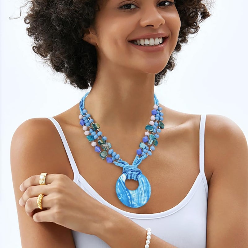 Coiris Shell Pendant Statement Strand Necklace for Women Boho Multi Beads Natural Stone Colorful Necklace Bohemian Handmade Chunky Shell Beaded Collar Jewelry for Women - Image 2